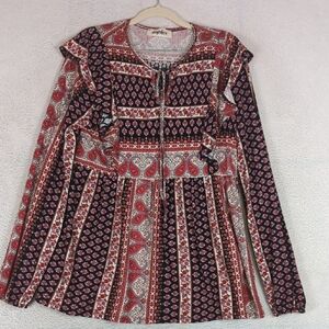 Haptics Women's Red & Black Paisley Ruffle Long Sleeve Shirt‎ Size L